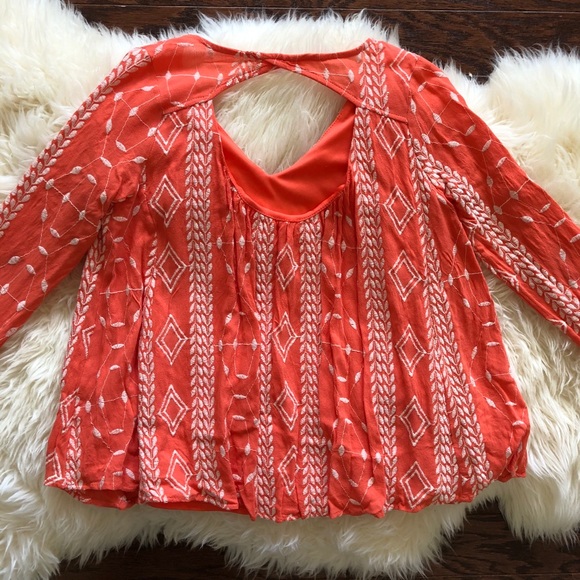 Peach Love California Long Sleeve Coral Boho Embroidered Blouse S - Picture 7 of 7